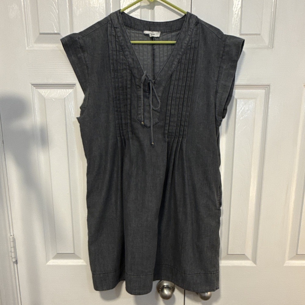 Entro Women's Gray Denim V-Neck Sleeveless Shift Dress M Tie Front (Pockets)